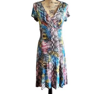 Javier Simorra Dress SZ 4 Rainbow Snakeskin Print Short Sleeve Made in Spain